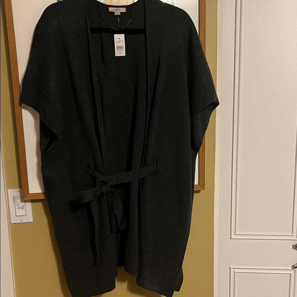 LOFT Charcoal Open Front Cardigan with Tie